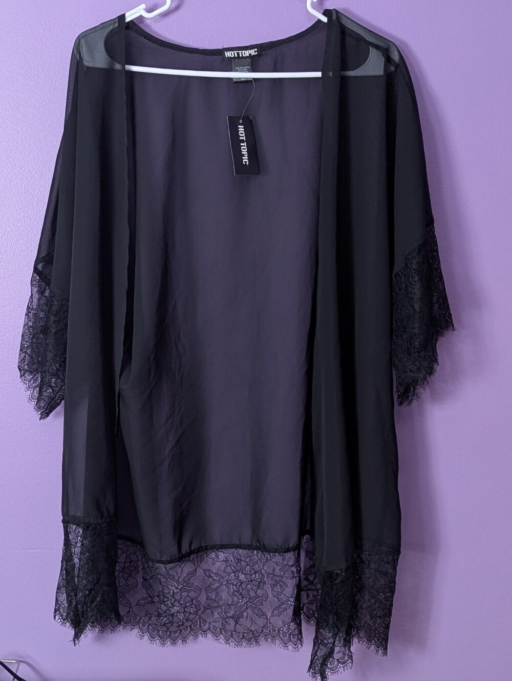 Black chiffon Kimono Sheer Lace Trim Medium